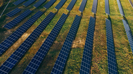 Solar panels in aerial view. Solar panels system power generators from sun