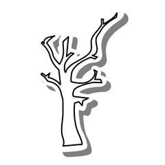 Black line cartoon Dry Tree on white silhouette and gray shadow. Icon Emoji for decoration or any design. Vector illustration of Halloween day.