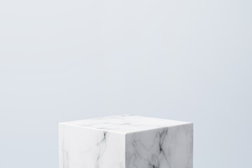 Empty white marble podium on pastel blue color background, Product Stand. 3D Rendering - obrazy, fototapety, plakaty