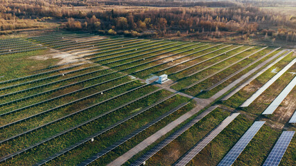 Solar panels in aerial view. Solar panels system power generators from sun