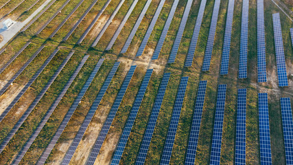 Solar panels in aerial view. Solar panels system power generators from sun