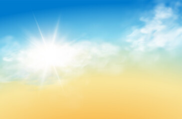 Realistic sky template with transparent cloud and sun. Blue background. Light effect. Realistic illustration.