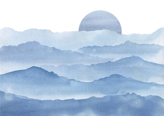 Watercolor Indigo blue mountain landscape. Calm Sunrise and sunset in mountains. Hand drawn illustration.