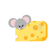 Cute mouse looking out of hole in cheese vector flat design isolated on white background. Little funny rat in delicious cheese. Cartoon style adorable animal mice character clip art illustration.