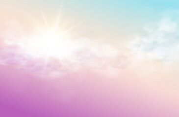 Fototapeta premium Realistic sky template with transparent cloud and sun. Blue background. Light effect. Realistic vector illustration.