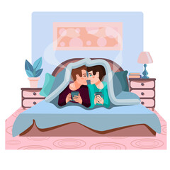 Cute male couple. The boys lie under their blankets and drink coffee. Love relationships and the concept of a romantic LGBT date. vector illustration of LGBT relationships in a cartoon flat style.