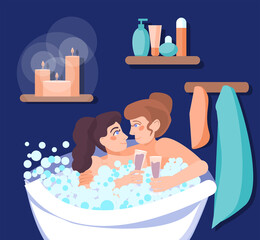 Cute female couple. A romantic date in the bathroom with champagne. Love relationships and the concept of a romantic LGBT date. vector illustration of LGBT relationships in a cartoon flat style.