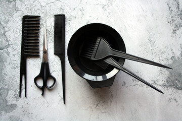 Professional hair dresser tools with copy space.