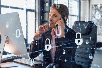 Businessman in suit has conference call of cyber security in compliance division to protect clients...