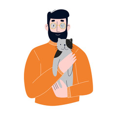 A man carrying a cute cat. A man hugging a cat. Flat vector illustration.