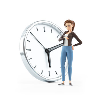 3d impatient cartoon woman standing in front of clock