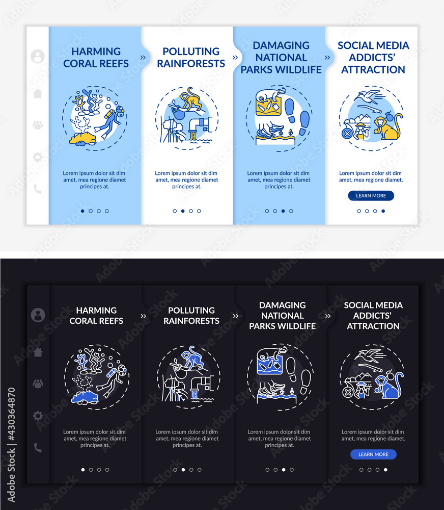 Poster green tourism challenges onboarding vector template. responsive mobile website with icons. web page 