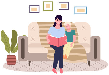 Mom telling fairy tales while putting her daughter to sleep at bed time. Mother reads book to her child at night. Family spends time together before bed. Parent and child are reading literature