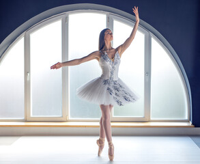 Focused young ballerina dressed in white tutu costume practice ballet poses at ballet studio in front of big round shaped window background in natural ambient daylight atmosphere