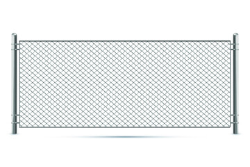 Metal chain link fence, segment of rabitz grid isolated on white background. Realistic illustration of steel wire mesh, security barrier for prison, military chainlink boundary. Eps 10 vector.