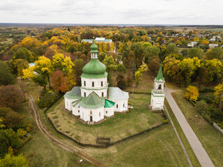 Aerial to village Sedniv and church of the Resurrection Ukraine