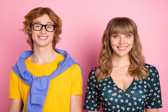 Portrait Of Attractive Cheerful Couple Sister Brother Weird Guy Pretty Woman Isolated Over Pink Pastel Color Background