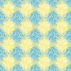 Vector Mediterranean mosaic style stipple paint seamless pattern background. Geometric texture with dotted diamond shapes, stippled motifs. Blue yellow check backdrop. All over print for summer