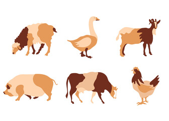 Cow, sheep, goose, goat, pig and chicken. Silhouettes of farm animals.