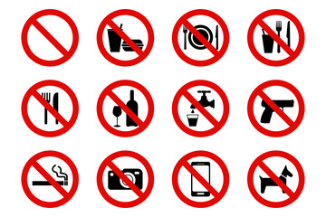 Forbidden signs vector icons, no eating, drinking, smoking,  photography,  dogs,  phone calls. Vector ESP10.