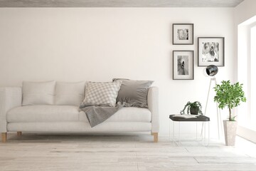 White living room with sofa. Scandinavian interior design. 3D illustration