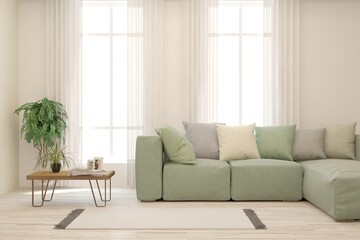 White living room with sofa. Scandinavian interior design. 3D illustration