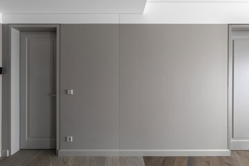 Fototapeta na wymiar Simple Modern Grey Closed Door with Frame on Grey Wall with grey light switch and grey socket in the Empty Room. Interior Design Element of contemporary interior design at modern house