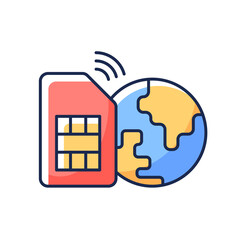 Global SIM card RGB color icon. Smartphone connection around planet. Nomadic lifestyle. Travel necessities for international tourist. Global communication. Isolated vector illustration
