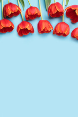 Mother's day background concept. Top view design of holiday greeting red tulip flower bouquet on bright blue table