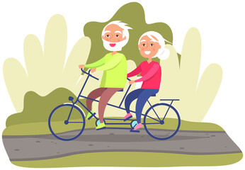 Elderly couple riding twin or tandem bicycle on road in park or lawn. Old woman and man are spending time actively. People in relationship together in nature. Grandparents riding double bike