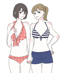 イラスト素材：2人組の水着の若い女性