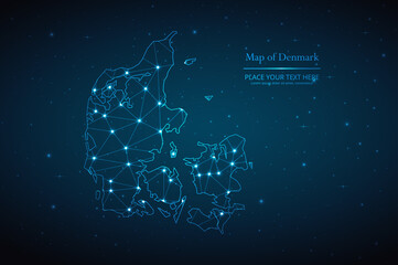 Abstract map of Denmark geometric mesh polygonal network line, structure and point scales on dark background. Vector illustration eps 10
