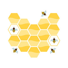 Beehive honeycomb with hexagon grid cells and bee cartoons on yellow background vector illustration.