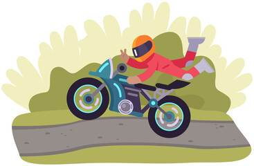 Young man in helmet riding motorcycle on background of nature landscape. Hipster motorcyclist driving motorcycle on road and doing stunts. Guy is engaged in extreme sports. Riding bike in park