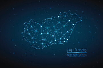 Abstract map of Hungary geometric mesh polygonal network line, structure and point scales on dark background. Vector illustration eps 10