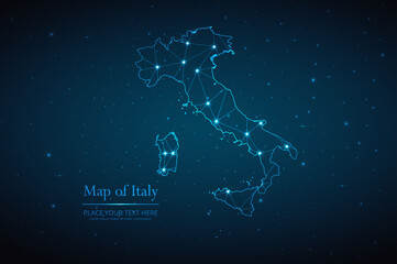 Abstract map of Italy geometric mesh polygonal network line, structure and point scales on dark background. Vector illustration eps 10