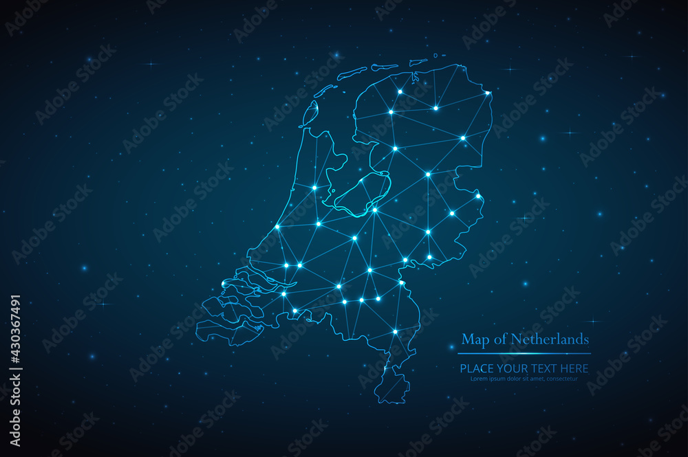 Wall mural abstract map of netherlands geometric mesh polygonal network line, structure and point scales on dar