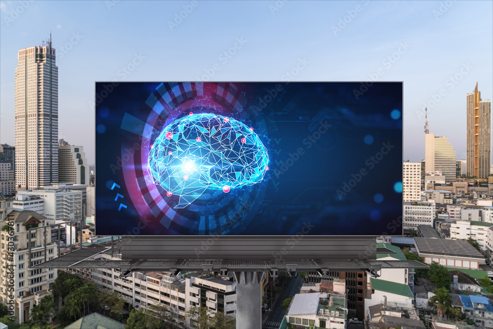 Poster brain hologram on billboard with bangkok cityscape background at day time. street advertising poster