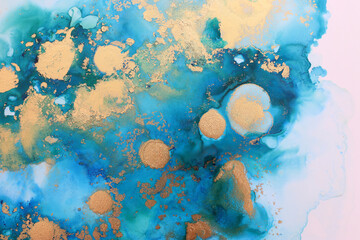 art photography of abstract fluid painting with alcohol ink, blue and gold colors