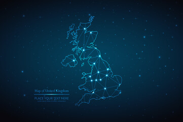 Abstract map of United Kingdom geometric mesh polygonal network line, structure and point scales on dark background. Vector illustration eps 10