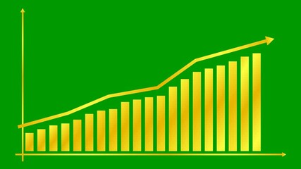 Animated financial golden growth chart with trend line graph. Growth bar chart of economy. Vector illustration isolated on green background.