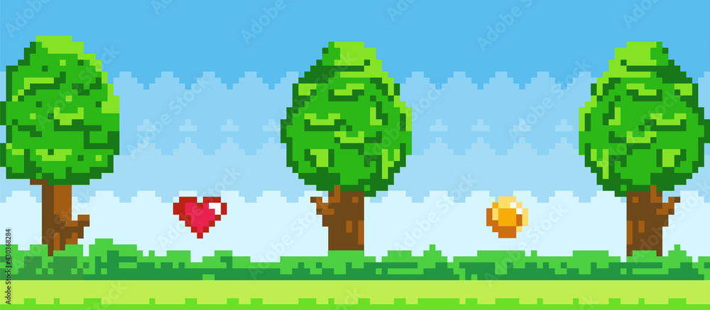 Poster pixel art game background with trees, ground, grass and sky. pixelated interface with symbols. objec
