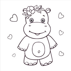 Outline coloring book with cute cartoon hippo. Vector illustration drawing of baby hippopotamus.