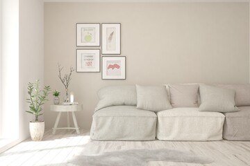 Soft color living room with sofa. Scandinavian interior design. 3D illustration