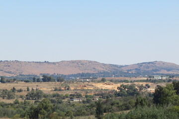 A scenic autumn colored landscape photograph of grasslands and bushes and scattered trees with hilltops on the horizon under a blue sky