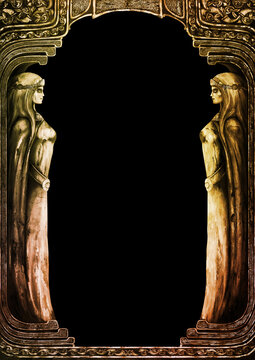 Fantasy ornamental frame with female statues / Illustration vertical frame with women figures. Digital painting