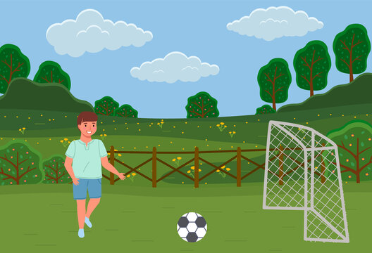 Guy plays football on field. Child running after ball to score goal. Male character running after ball during game. Boy playing soccer to win. Footballer is engaged in sports, outdoor activities