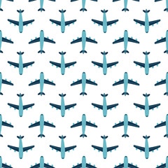 Seamless pattern with blue airplanes. Vector illustration with hand drawn air transport. Flying plane on a white background. It can be used to decorate children clothing, bedding, wrapping paper