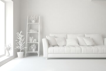 White minimalist living room with sofa. Scandinavian interior design. 3D illustration