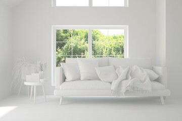 Fototapeta premium Minimalist living room in white color with sofa and summer landscape in window. Scandinavian interior design. 3D illustration